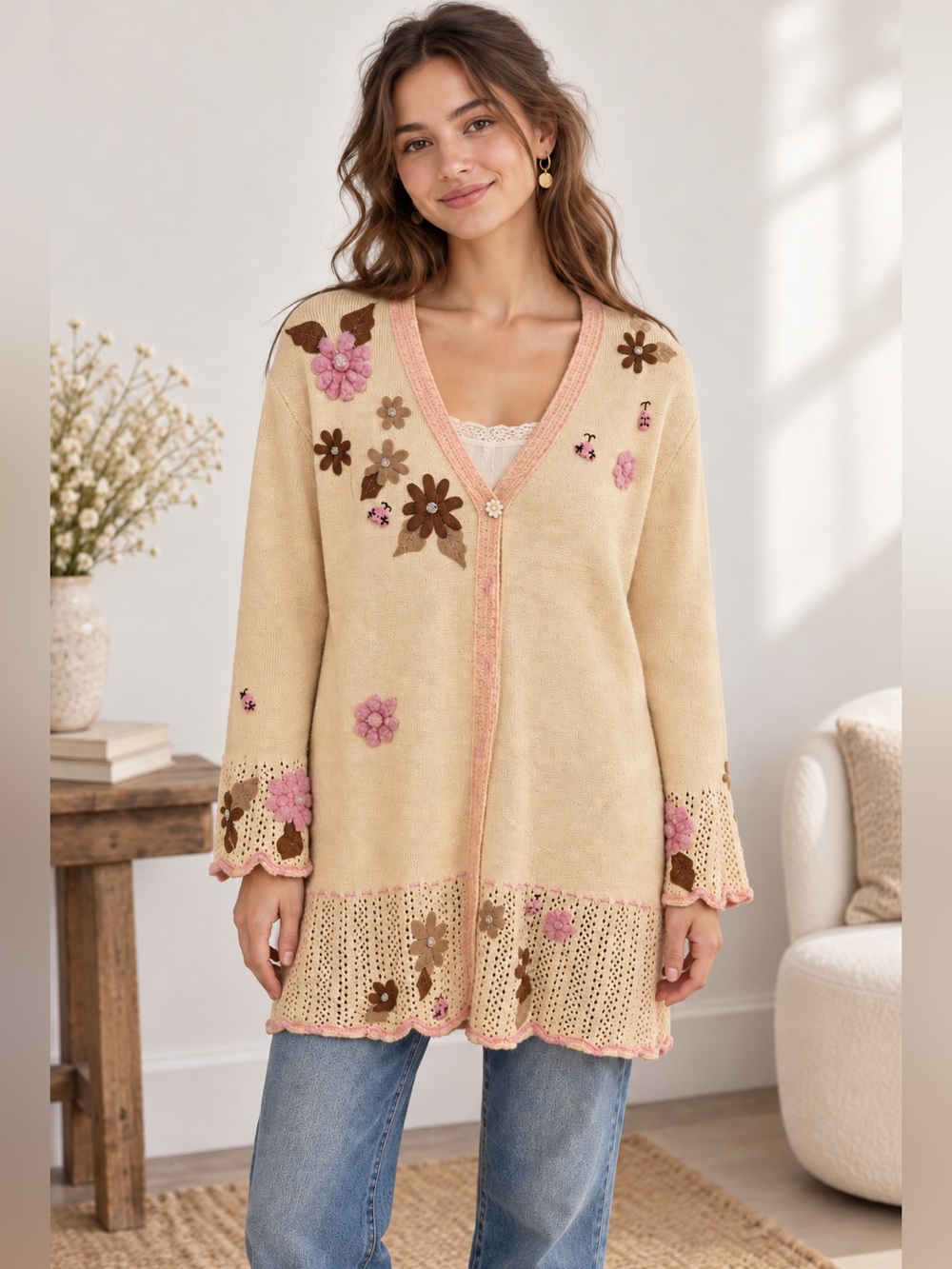 Rare Vintage Storybook Knits Ladybug Floral Cardigan Large Cottagecore
